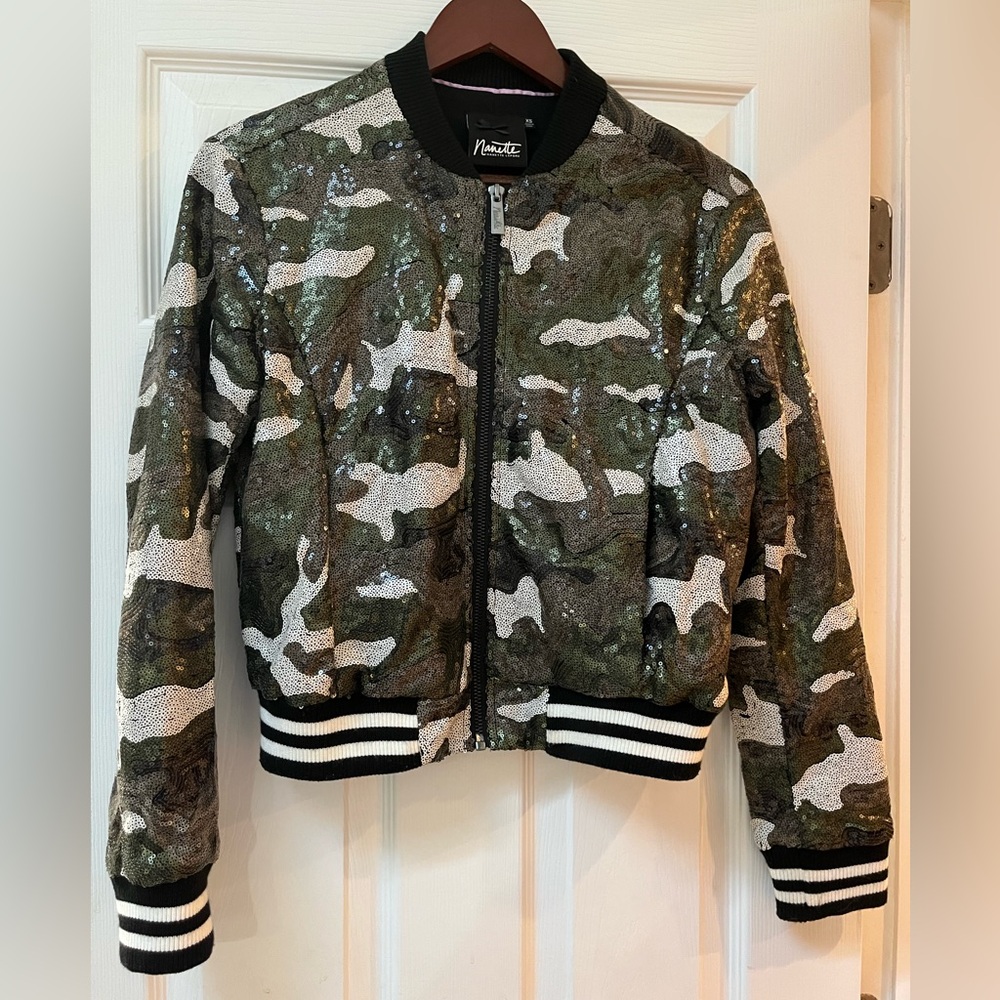Nanette Lepore Sequined Green Camouflage Bomber Jacket Zipped XS